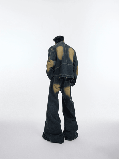 Washed Standing-collar Denim Jacket & Wide-leg Denim Jeans Setup WN3996