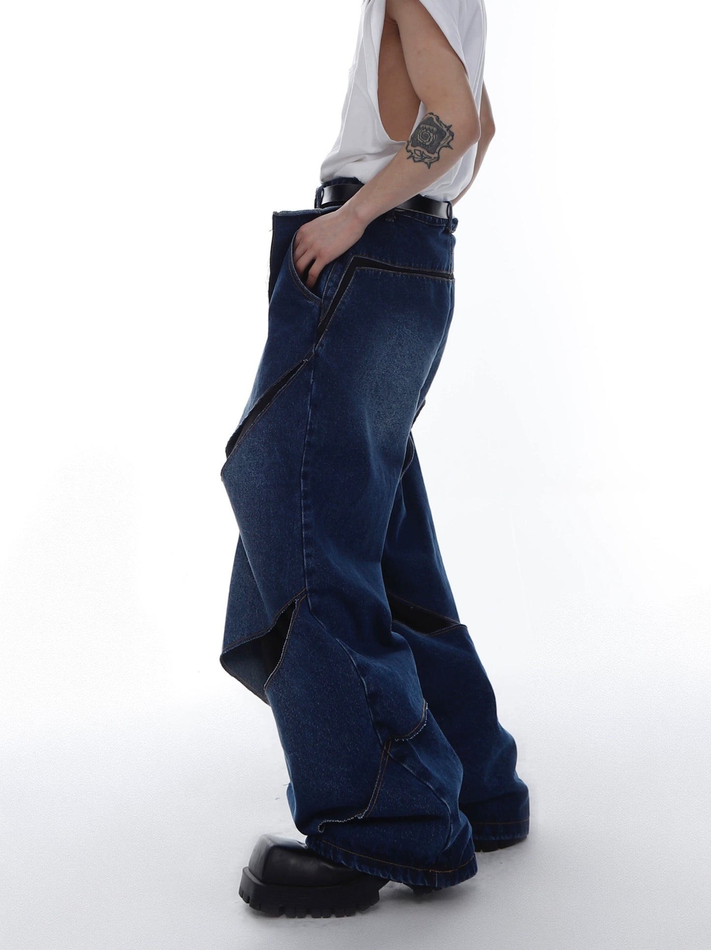 Wide-leg Cutting Layered Denim Jeans WN3026