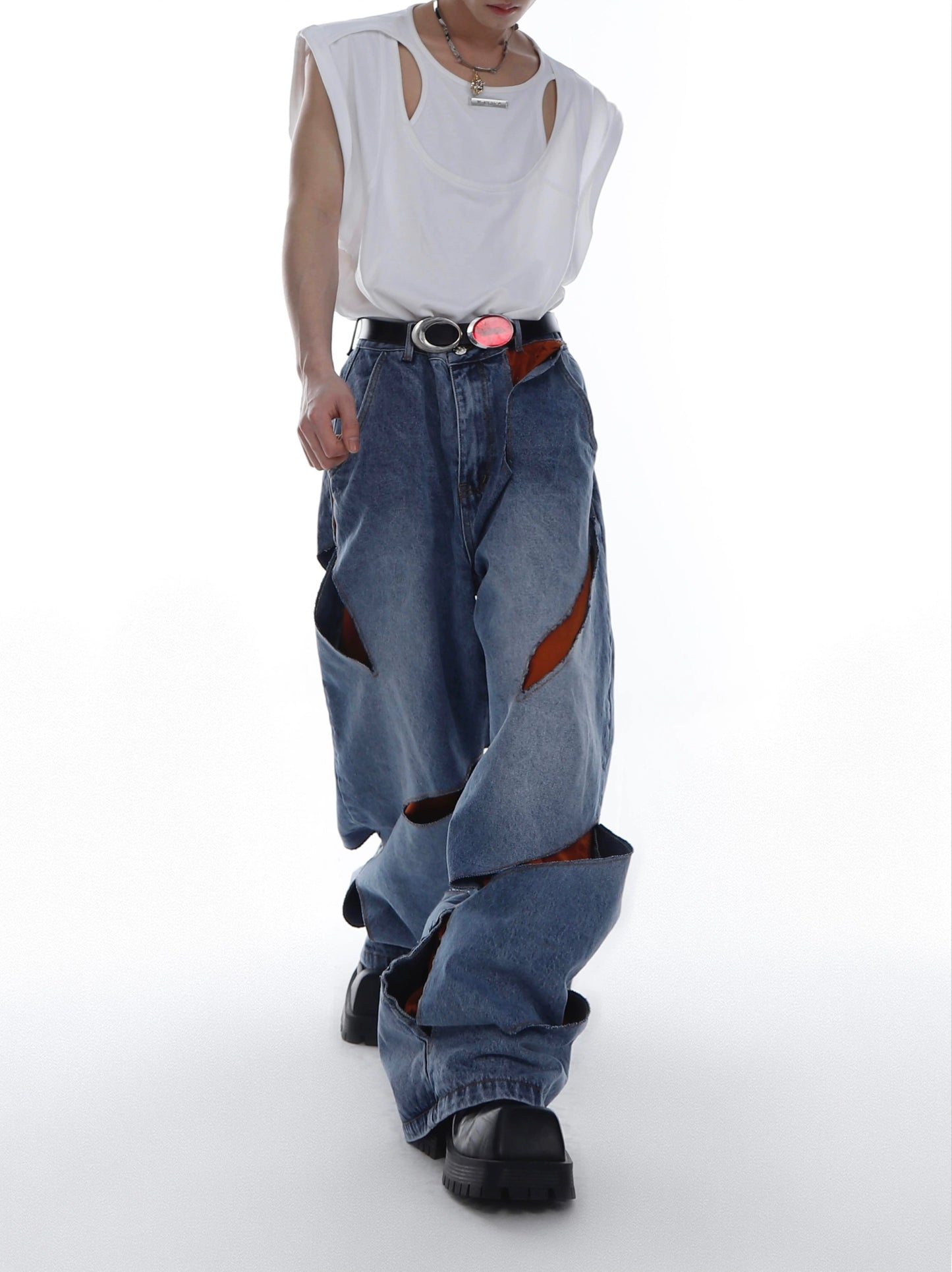 Wide-leg Cutting Layered Denim Jeans WN3026