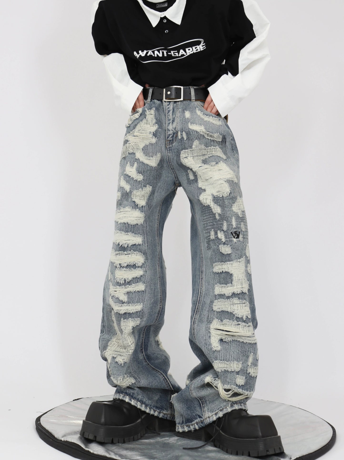 Wide-leg Damage Denim Jeans WN3019