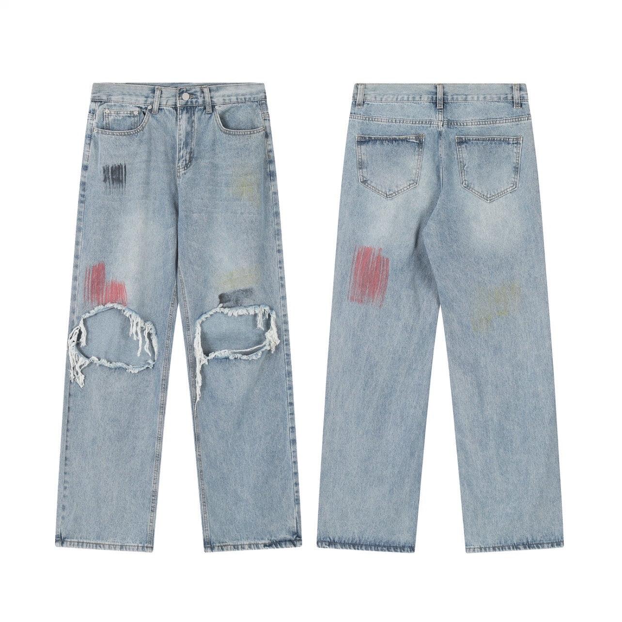Wide-leg Damage Paint Denim Jeans WN2140