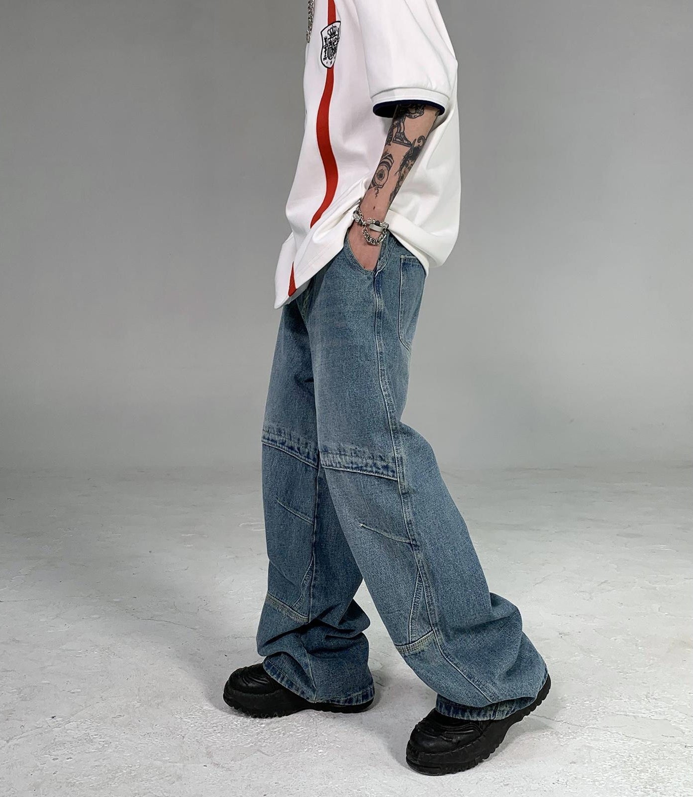 Wide-leg Deconstructed Stitching Straight Denim Jeans WN1536