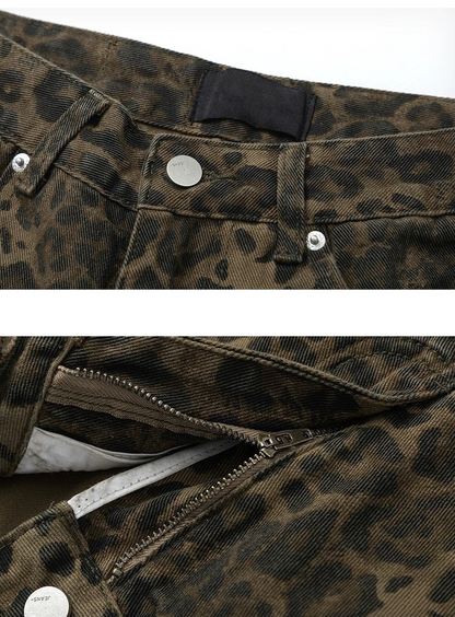Wide-leg Leopard Print Denim Jeans WN3061