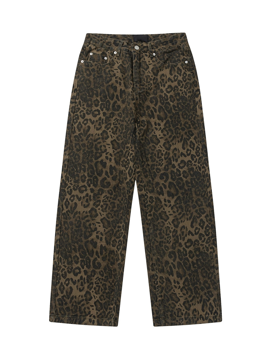 Wide-leg Leopard Print Denim Jeans WN3061