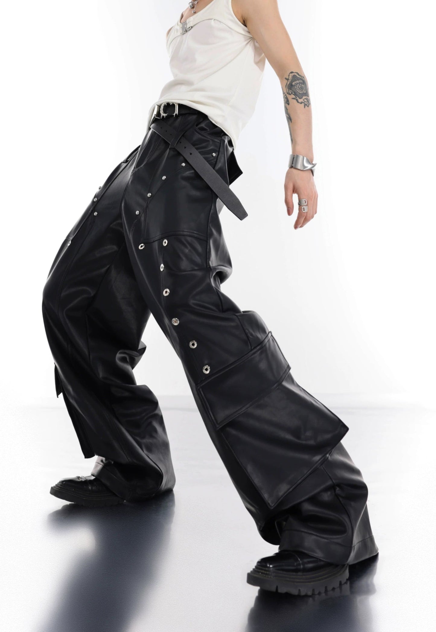 Wide-leg Metal Rivets PU Leather Trousers WN2042