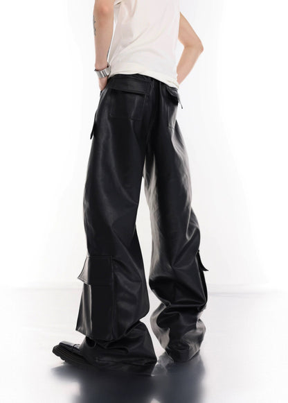 Wide-leg Metal Rivets PU Leather Trousers WN2042