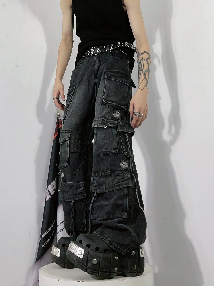 Wide-leg Multi-pocket Damage Denim Jeans WN3244