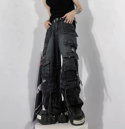 Wide-leg Multi-pocket Damage Denim Jeans WN3244