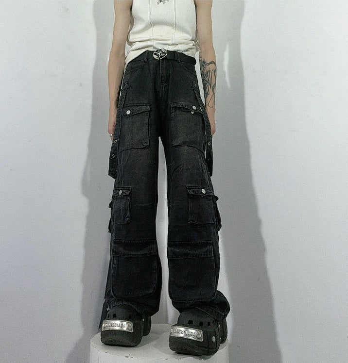 Wide-leg Multi-pocket Workwear Denim Jeans WN3240