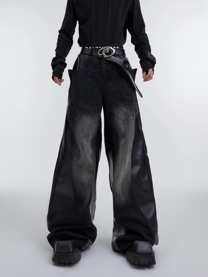 Wide-leg PU Leather Mix Denim Jeans WN2940