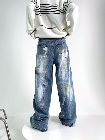 Wide-leg Paint Print Denim Jeans WN3461