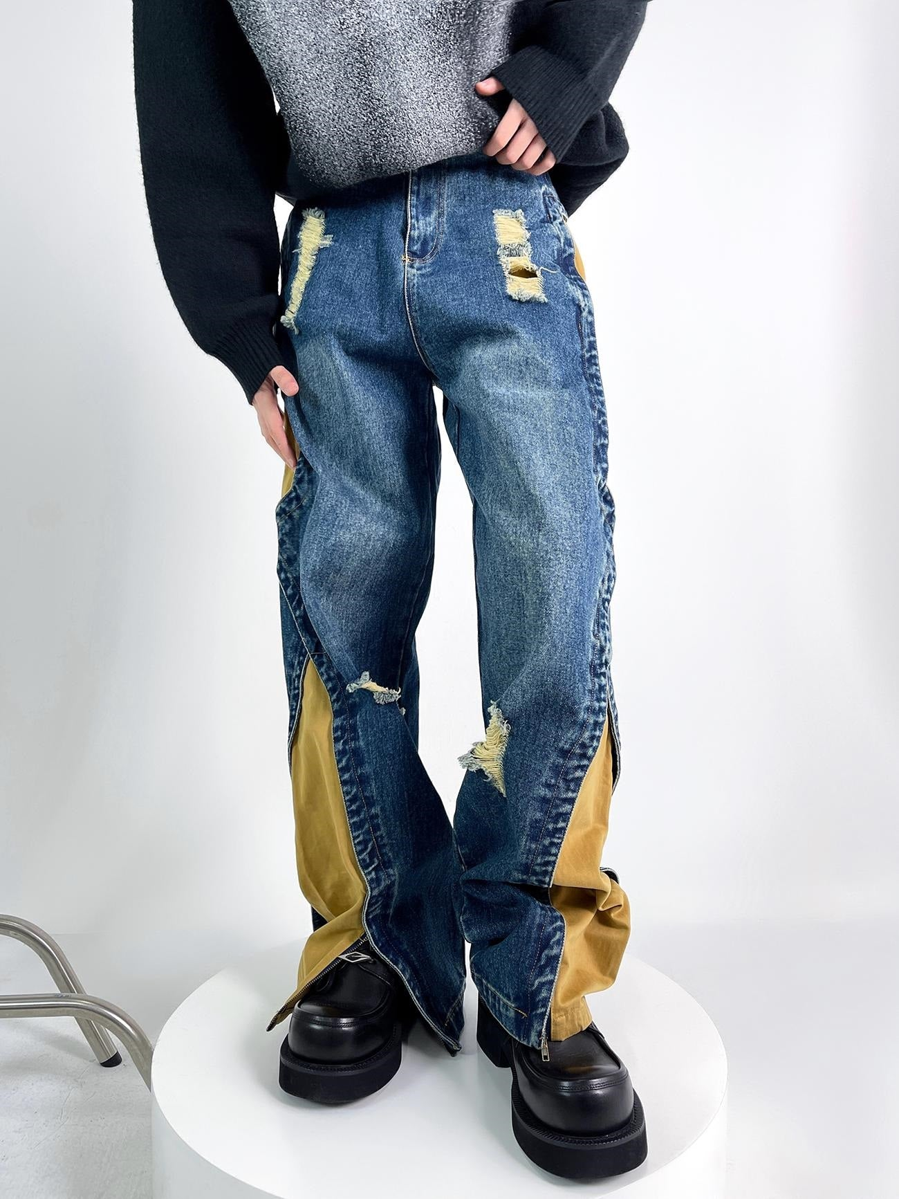 Wide-leg Patchwork Zipper Design Damage Denim Jeans WN3324