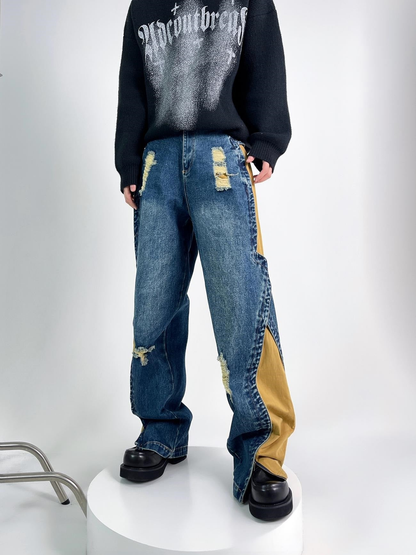 Wide-leg Patchwork Zipper Design Damage Denim Jeans WN3324