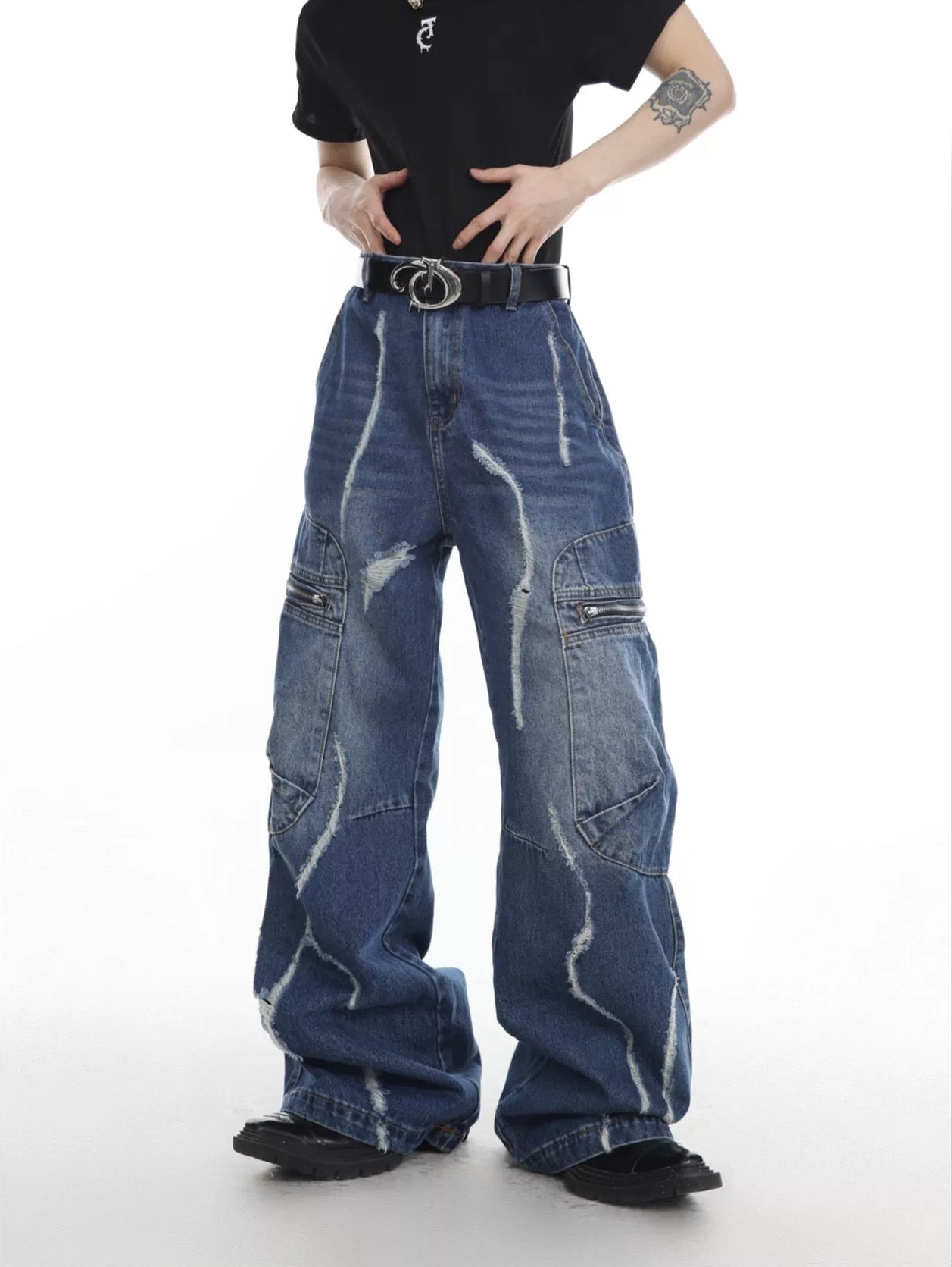 Wide-leg Zipper Design Damage Denim Jeans WN3021