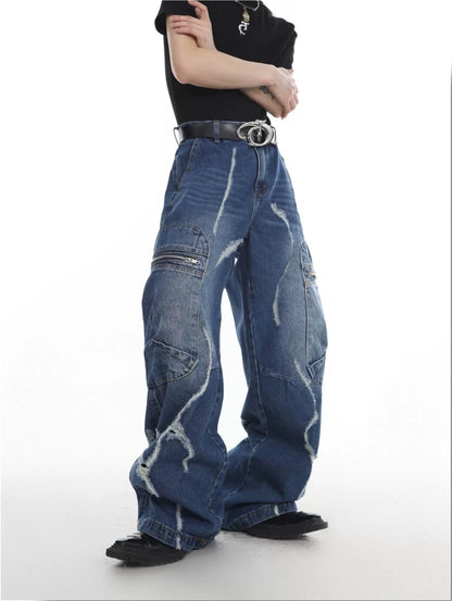 Wide-leg Zipper Design Damage Denim Jeans WN3021