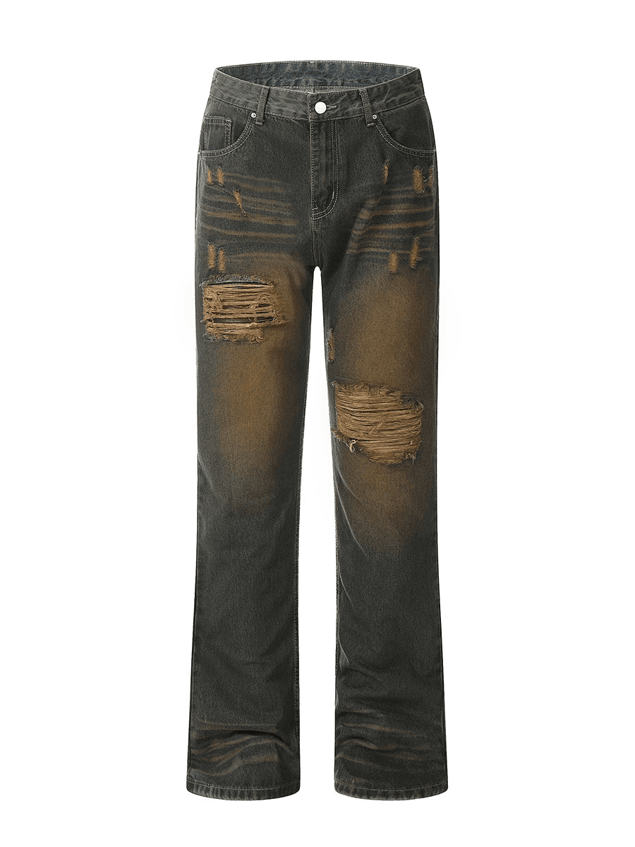 Yellow Mud Dyed Damaged Denim Jeans WN3897