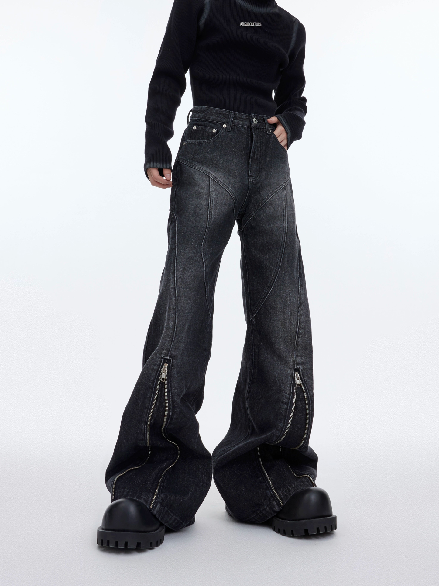 Zipper Design Flared Denim Jeans WN3303