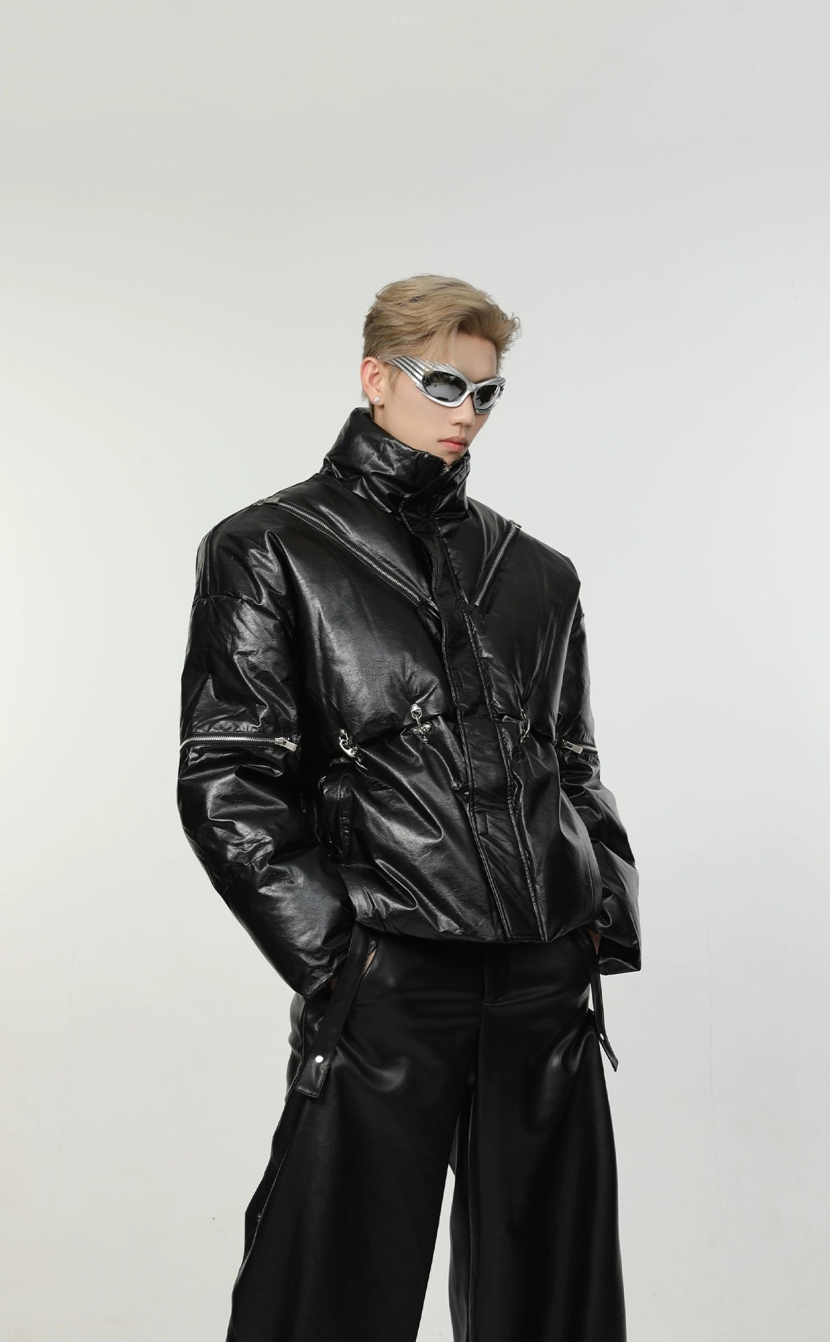 Zipper Design PU Leather Puffer Jacket WN3786