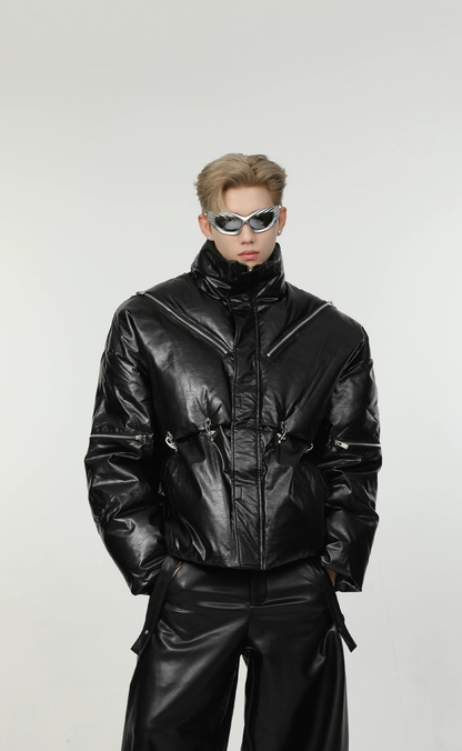 Zipper Design PU Leather Puffer Jacket WN3786