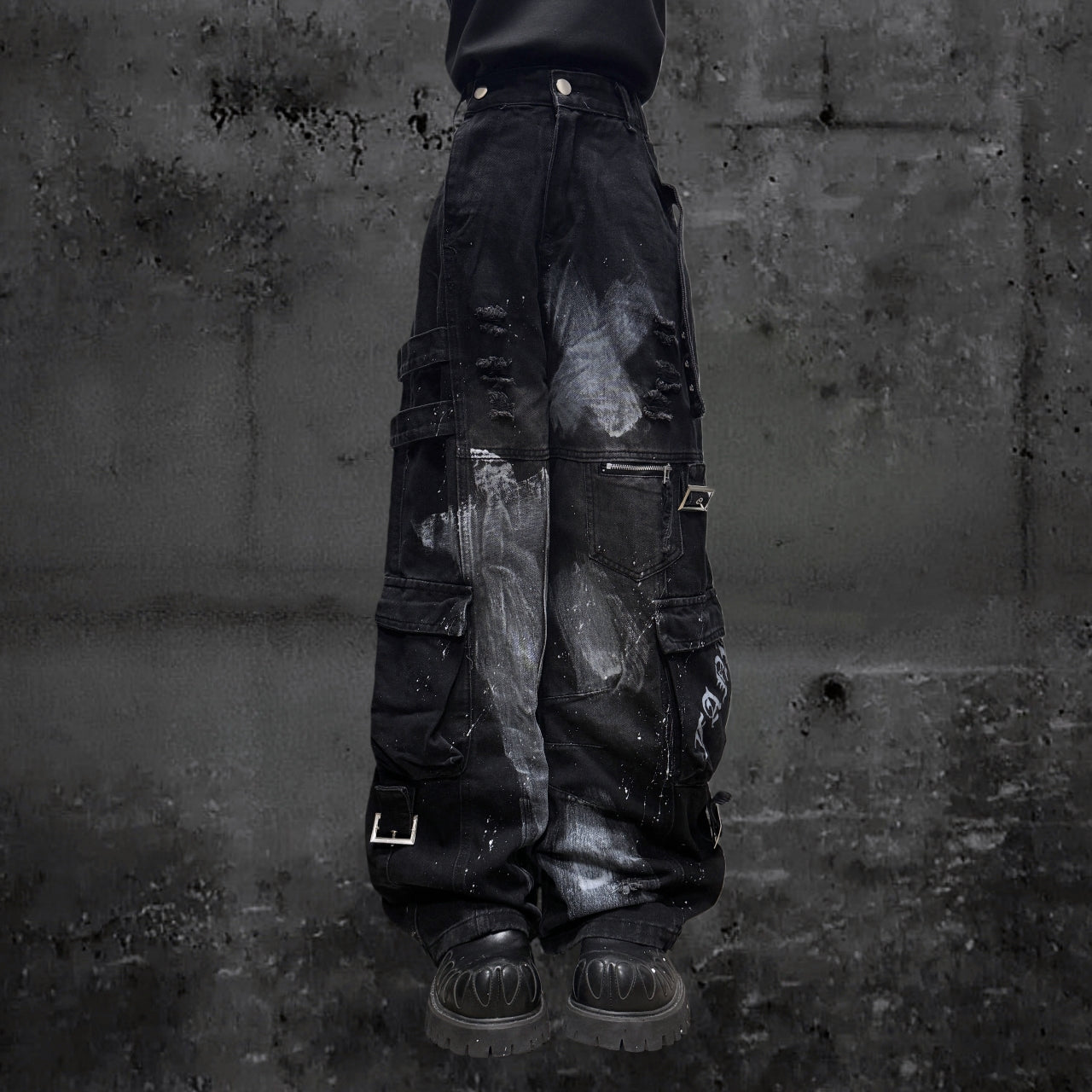 Paint Splash Cargo Wide Leg Pants & Skull Belt & Belt Chain WN23815