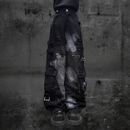 Paint Splash Cargo Wide Leg Pants & Skull Belt & Belt Chain WN23815