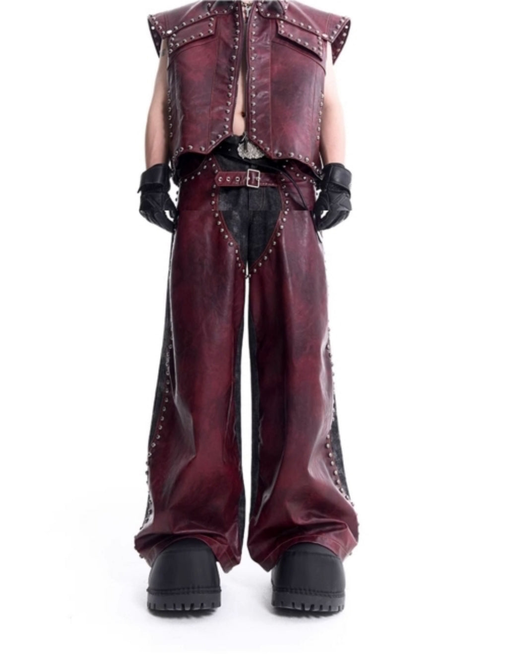 PU Leather Rivet Vest & PU Leather Wide-leg Pants Setup WN8120