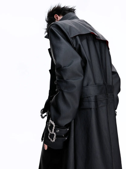 Vintage PU Leather Long Trench Coat WN22661