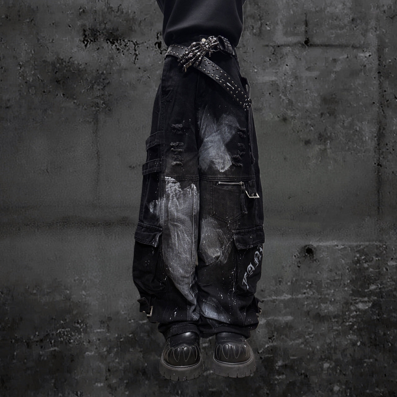 Paint Splash Cargo Wide Leg Pants & Skull Belt & Belt Chain WN23815