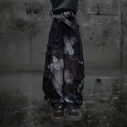 Paint Splash Cargo Wide Leg Pants & Skull Belt & Belt Chain WN23815