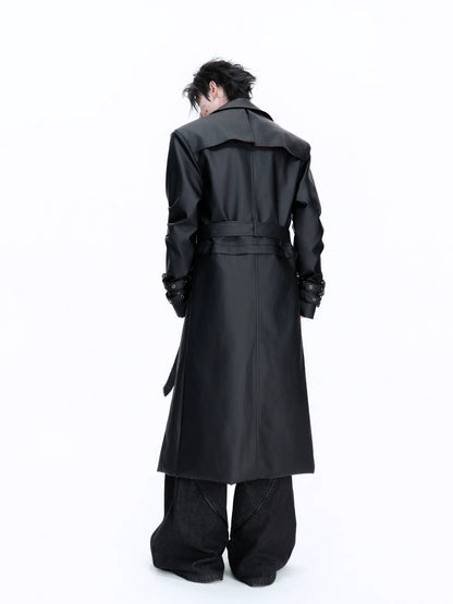 Vintage PU Leather Long Trench Coat WN22661