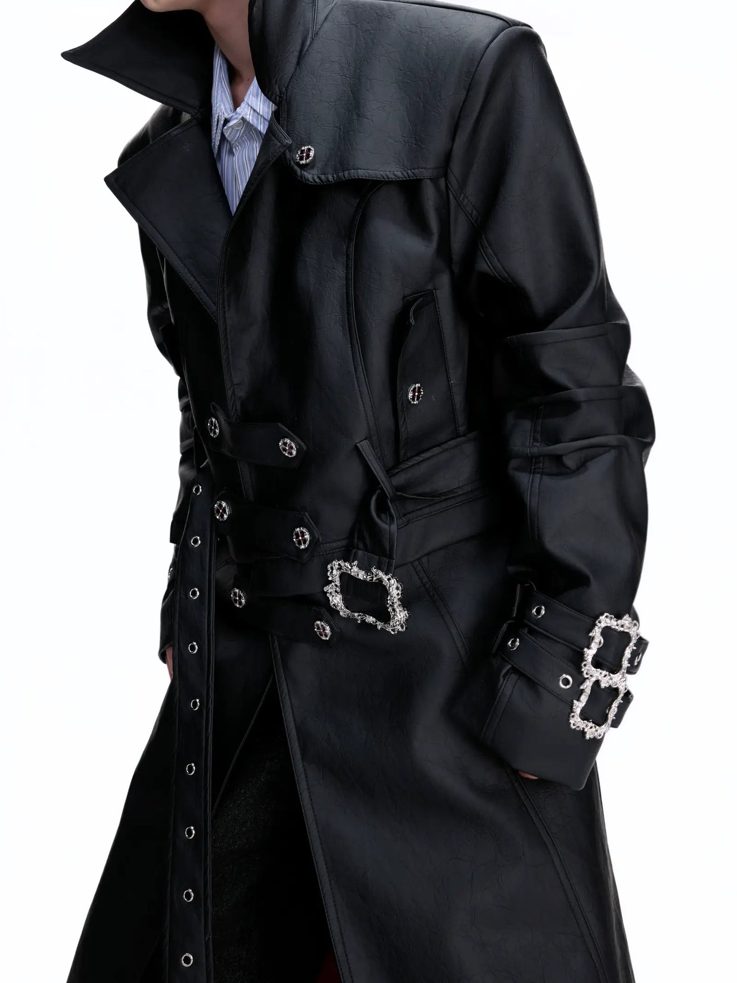 Vintage PU Leather Long Trench Coat WN22661