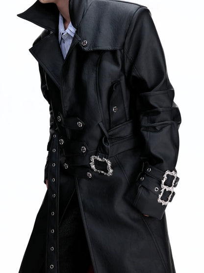 Vintage PU Leather Long Trench Coat WN22661