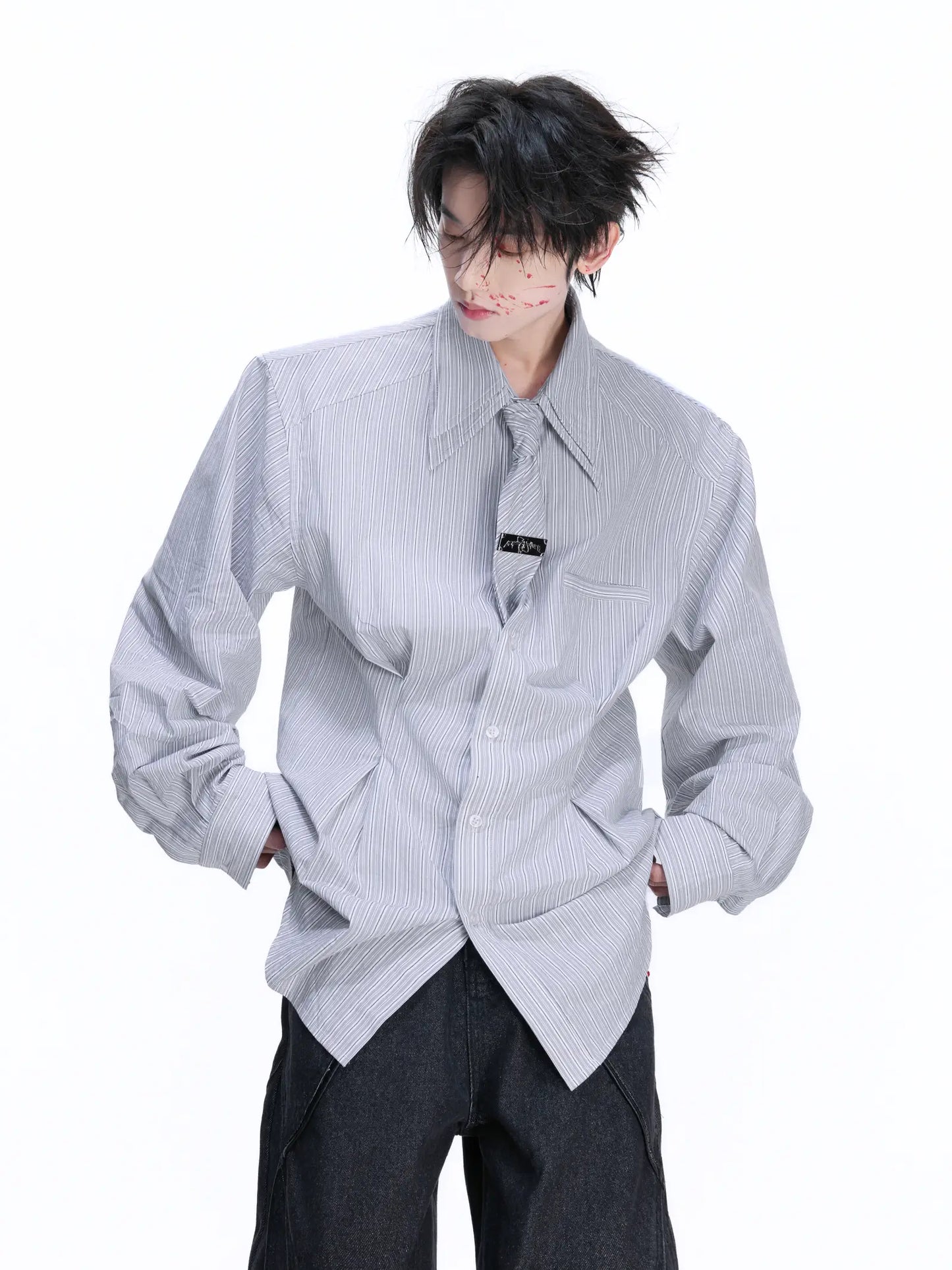 Striped Shoulder-pad Double Tie Design Oversize Shirt WN22678