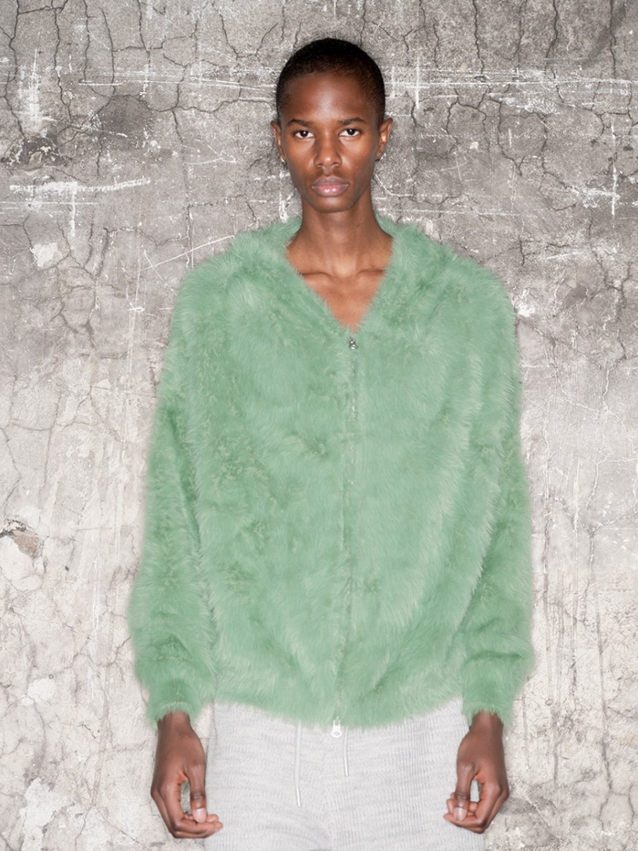 Oversize Zipper Fake Fur Short Knit Hoodie WN21319