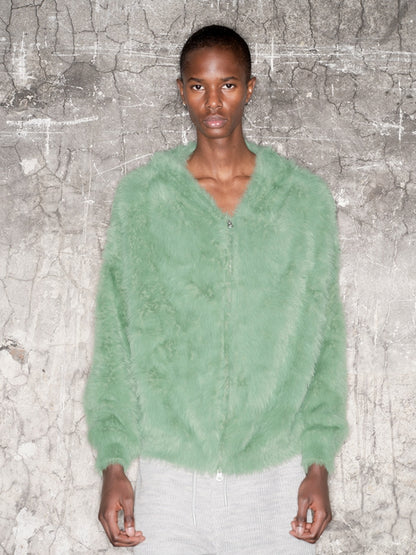 Oversize Zipper Fake Fur Short Knit Hoodie WN21319