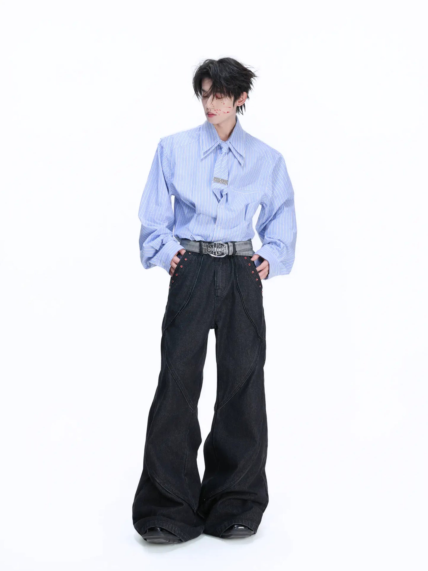 Striped Shoulder-pad Double Tie Design Oversize Shirt WN22678