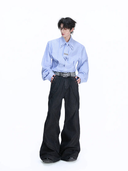 Striped Shoulder-pad Double Tie Design Oversize Shirt WN22678