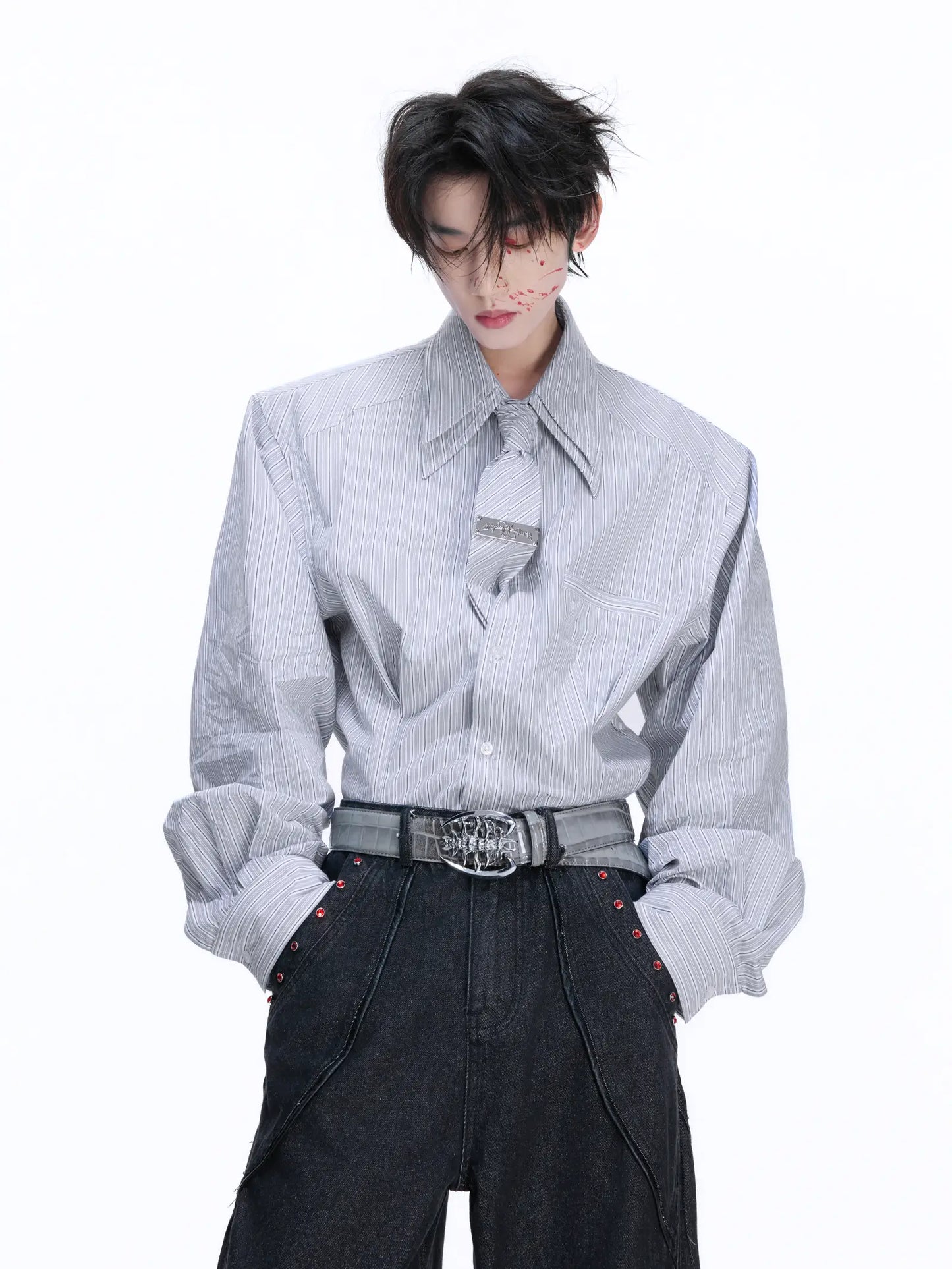 Striped Shoulder-pad Double Tie Design Oversize Shirt WN22678