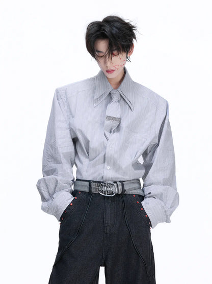 Striped Shoulder-pad Double Tie Design Oversize Shirt WN22678