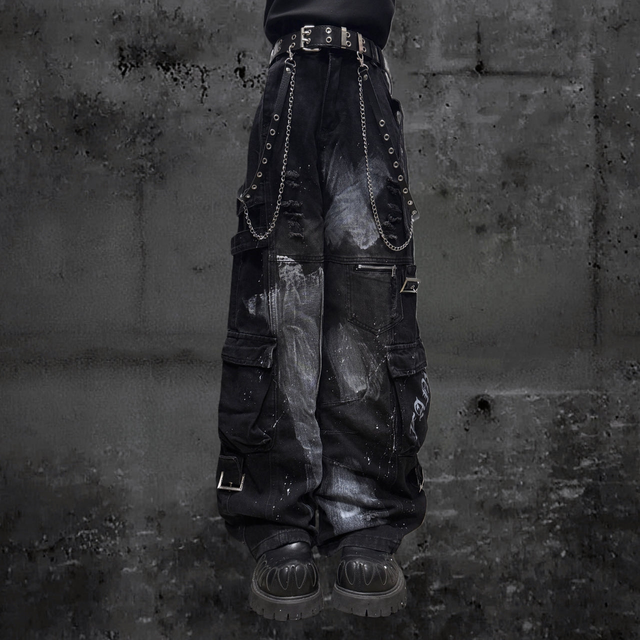 Paint Splash Cargo Wide Leg Pants & Skull Belt & Belt Chain WN23815