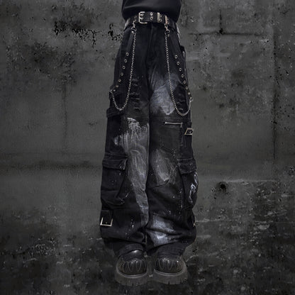 Paint Splash Cargo Wide Leg Pants & Skull Belt & Belt Chain WN23815