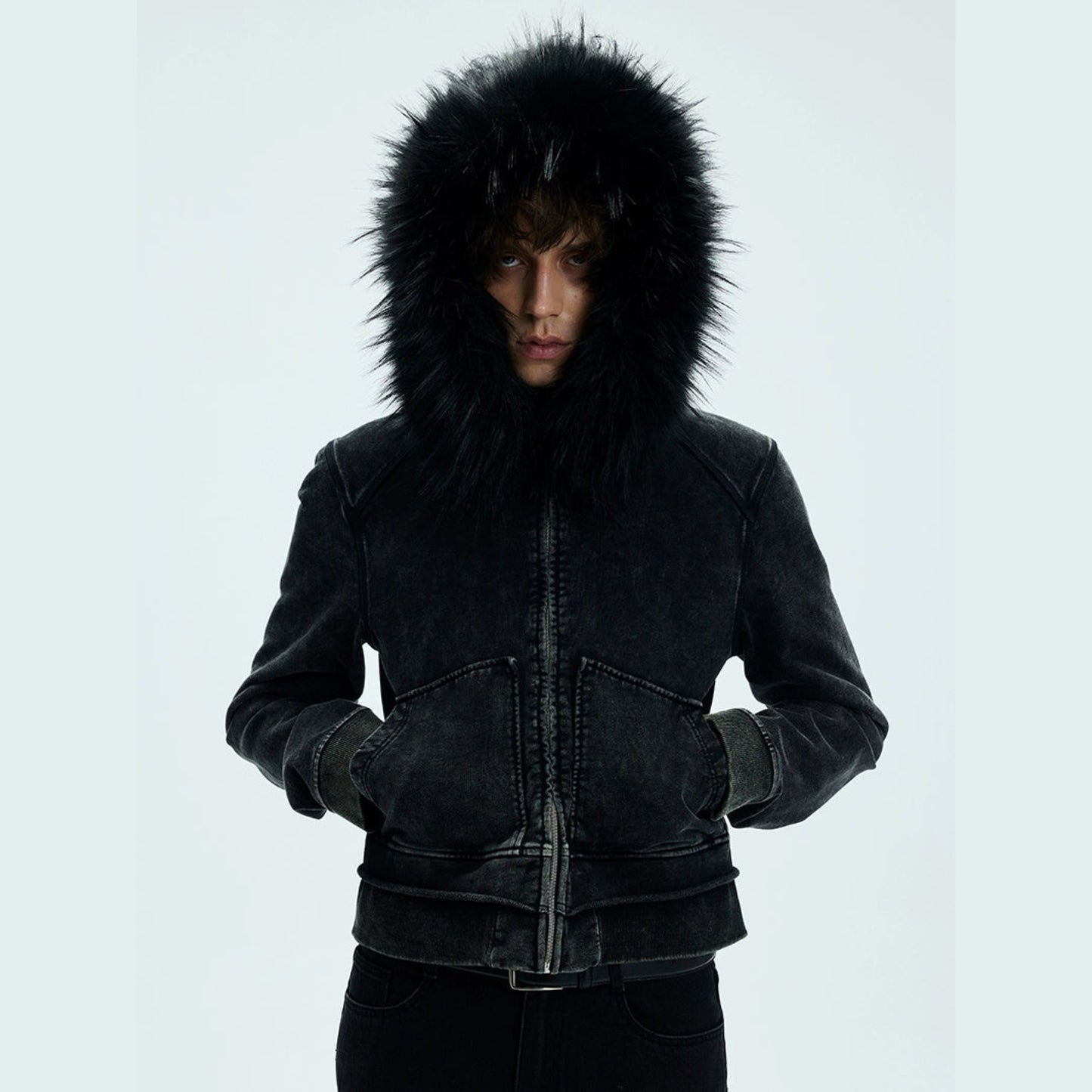 Detachable Fake Fur Washed Zipper Hoodie WN9072