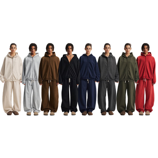 Fleece Lining Side Pocket Zipper Hoodie & Fleece Lining Wide Leg Sweatpants Setup WN23114
