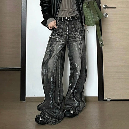 Patchwork Graffiti Wide Leg Denim Jeans WN27832