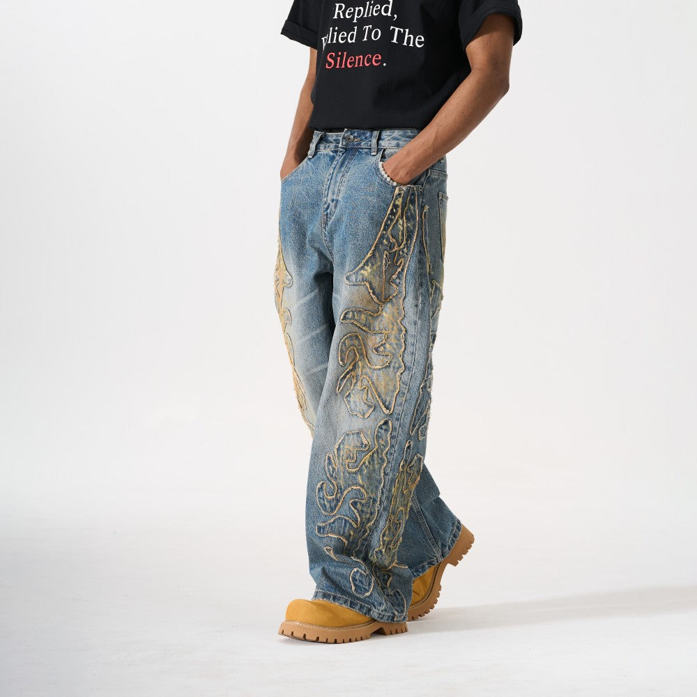 Frayed Applique Embroidery Washed Wide Leg Denim Jeans WN27833