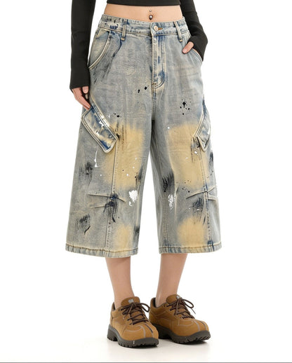 Washed Paint Wide Leg Denim Half Jeans WN27823