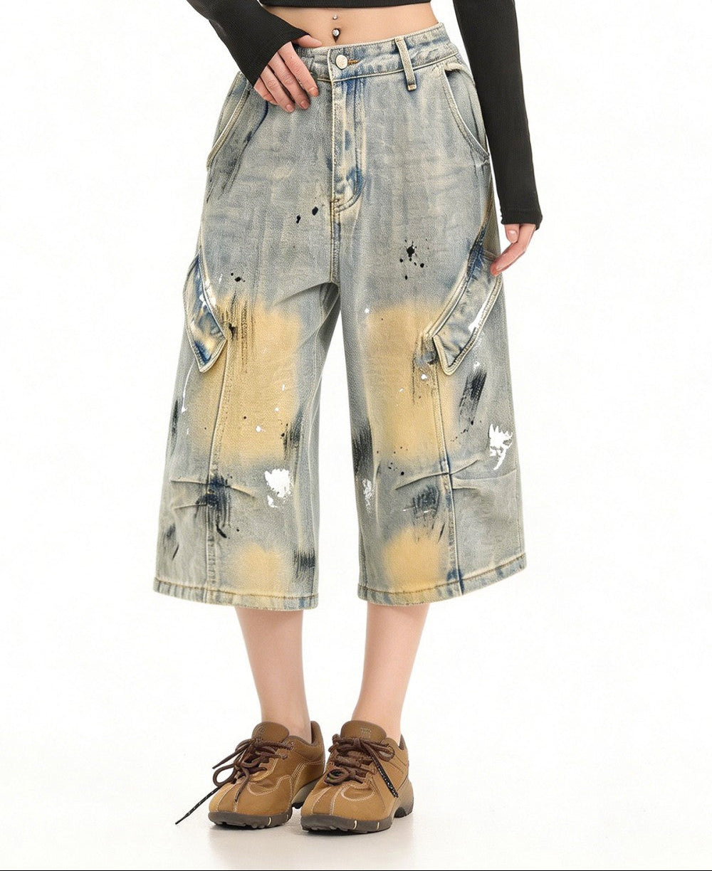 Washed Paint Wide Leg Denim Half Jeans WN27823
