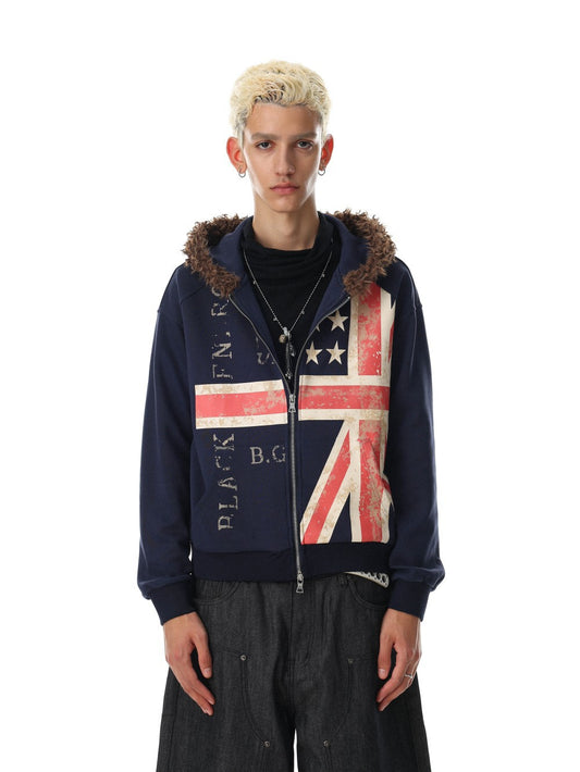 Fake Fur Graphic Print Zipper Hoodie WN27790
