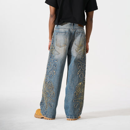 Frayed Applique Embroidery Washed Wide Leg Denim Jeans WN27833
