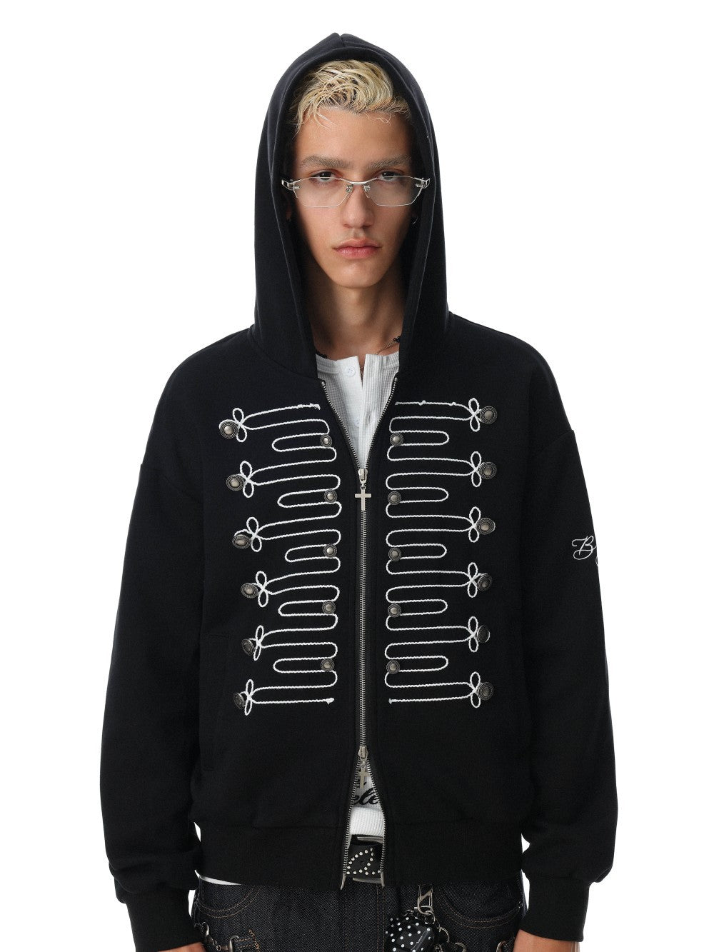 Knot Embroidery Metal Stud Cross Zipper Hoodie WN27796